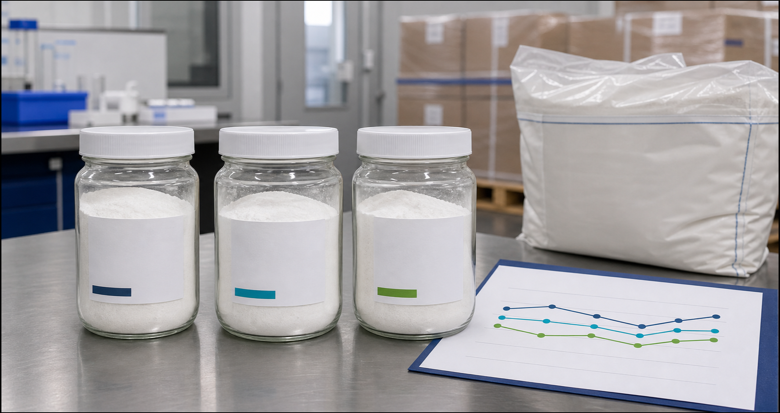Three food-grade CMC batch samples arranged for lot-to-lot COA trend review