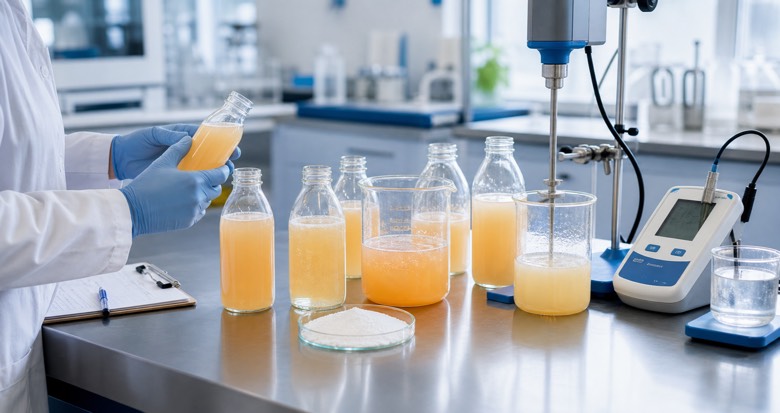 Acidic beverage CMC troubleshooting samples in a food formulation laboratory