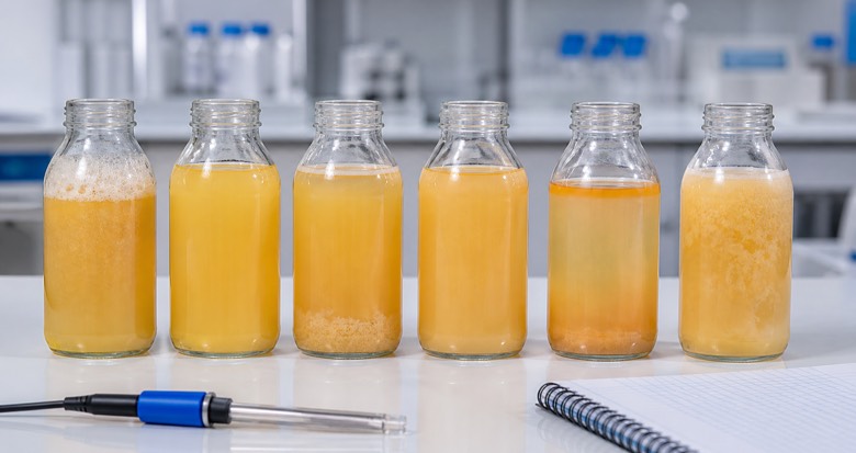 Acidic beverage stability samples showing foam, sediment, separation and uniform appearance