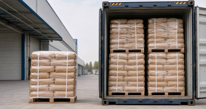 Small-batch pallet and full-container CMC order comparison in an export warehouse