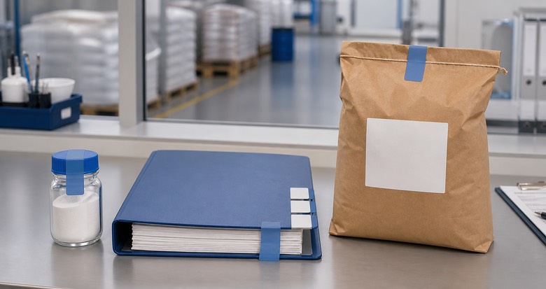 CMC sample lot, specification and commercial batch records connected in a traceable approval file