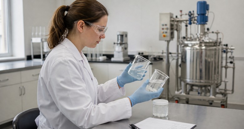 Food laboratory technician evaluating a prepared CMC formulation before pilot-scale testing