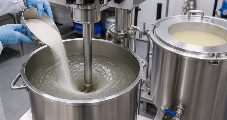 CMC powder being dispersed into water before acidic beverage ingredients are added