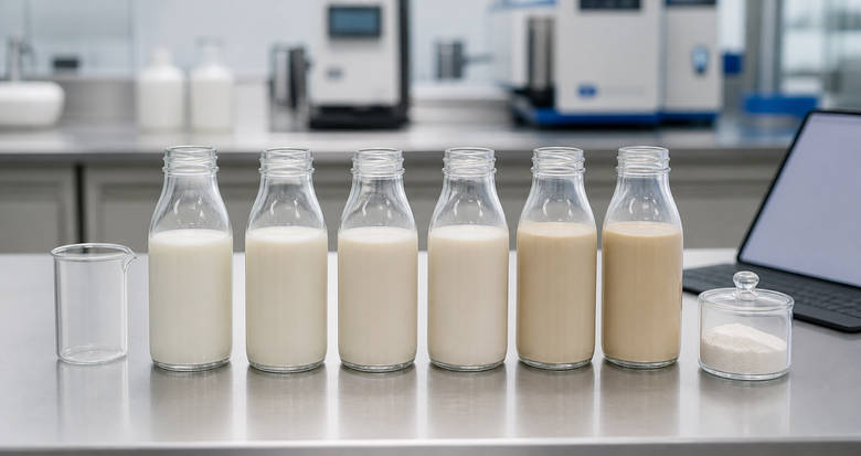 CMC protein beverage stability trial samples in a food formulation laboratory