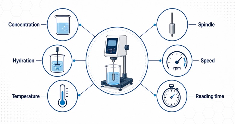 CMC viscosity comparison checklist covering concentration, hydration, temperature, spindle, speed, and reading time