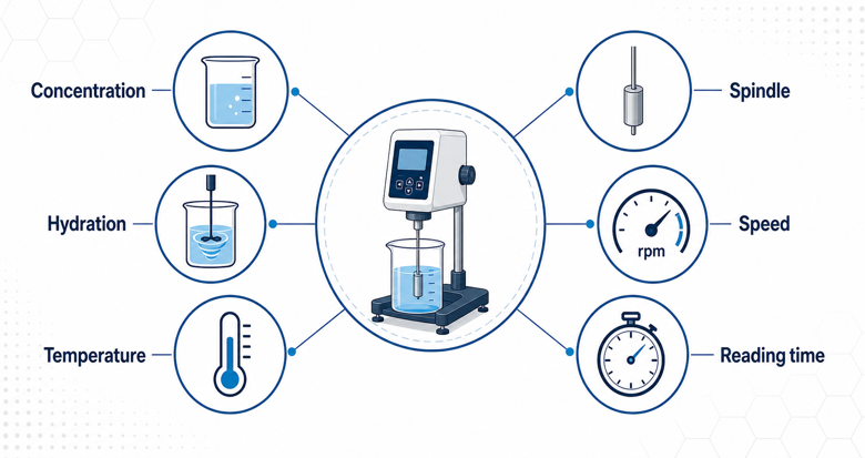 CMC viscosity comparison checklist covering concentration, hydration, temperature, spindle, speed, and reading time