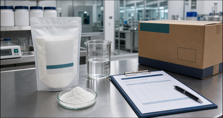 Food-grade CMC COA review with batch sample and laboratory quality-control setup
