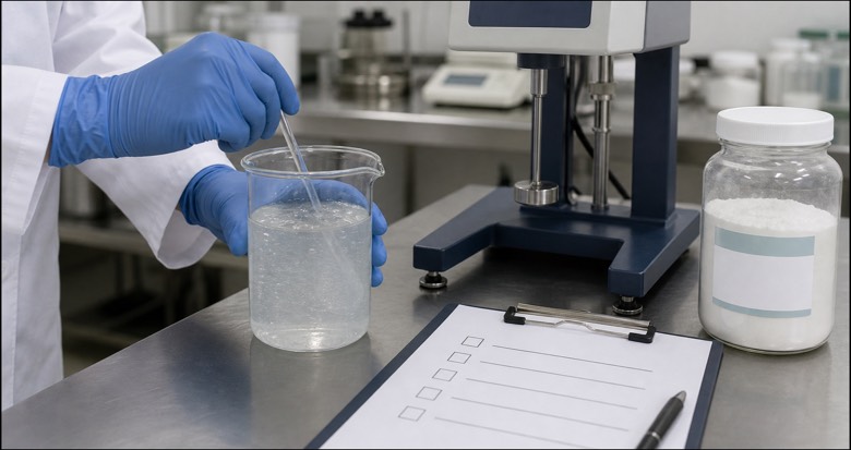 Food-grade CMC batch sample beside viscosity test setup and COA review checklist