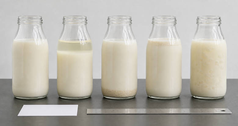 Protein beverage stability samples showing serum separation sediment creaming and flocculation