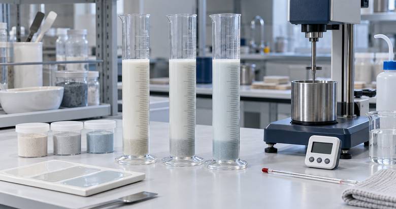 Generic ceramic glaze slurry samples beside a viscometer for controlled rheology and settling checks