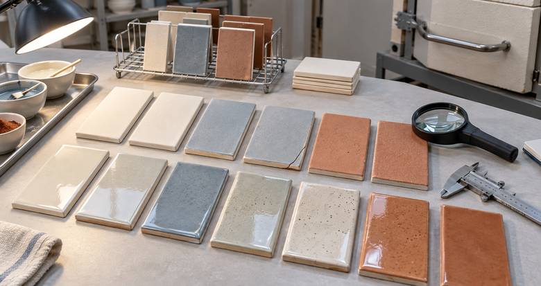 Generic ceramic test tiles arranged for dried and fired glaze surface inspection