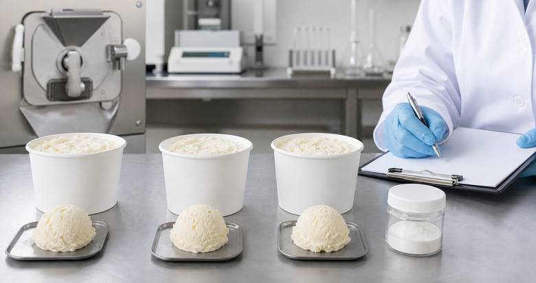 CMC ice cream stabilizer trial samples in a food formulation laboratory