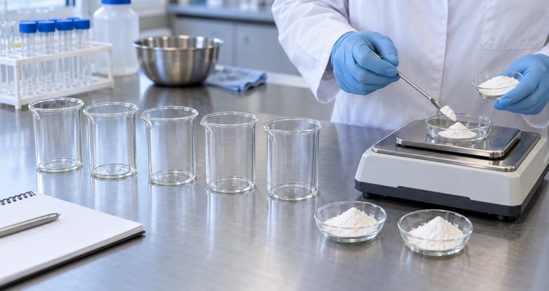 CMC and xanthan gum powders weighed for a controlled blend ratio matrix