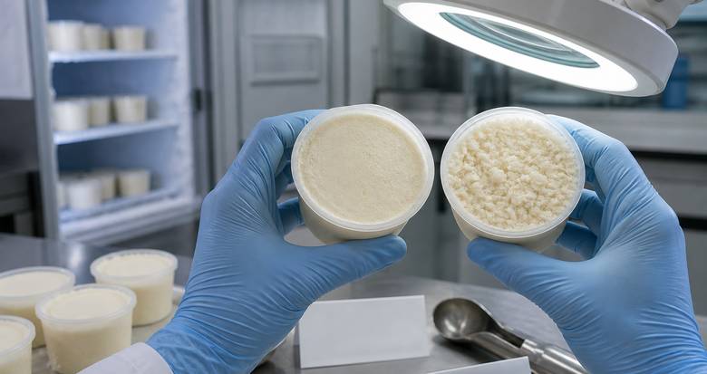 Frozen dessert samples compared for smoothness and coarse ice after temperature cycling