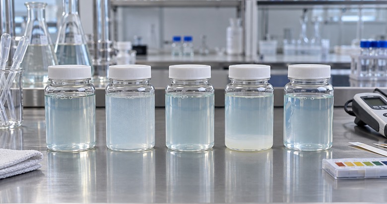 Liquid detergent samples compared for CMC compatibility and phase stability after a controlled hold
