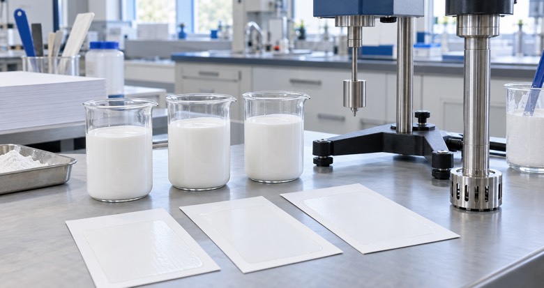 Generic paper coating color samples beside rheology and mixing equipment for a CMC qualification trial