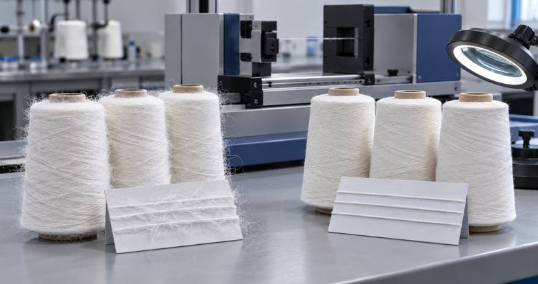 Generic cotton yarn samples arranged for controlled hairiness comparison after textile sizing