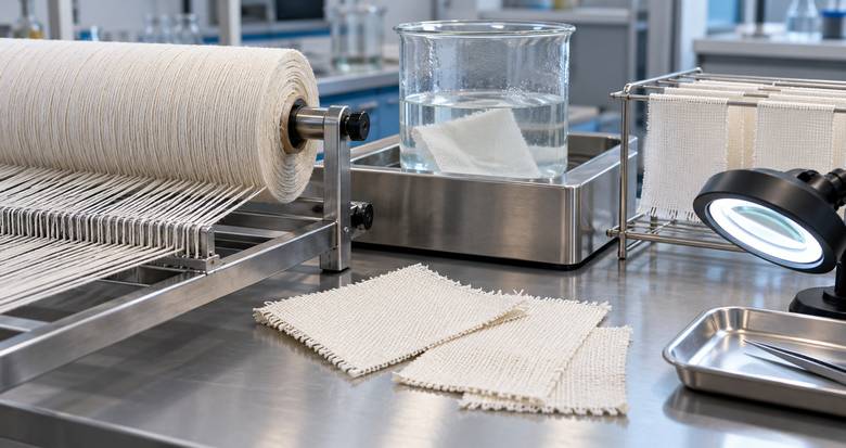 Generic pilot textile setup with cotton warp yarn and woven samples for weaving and desizing inspection
