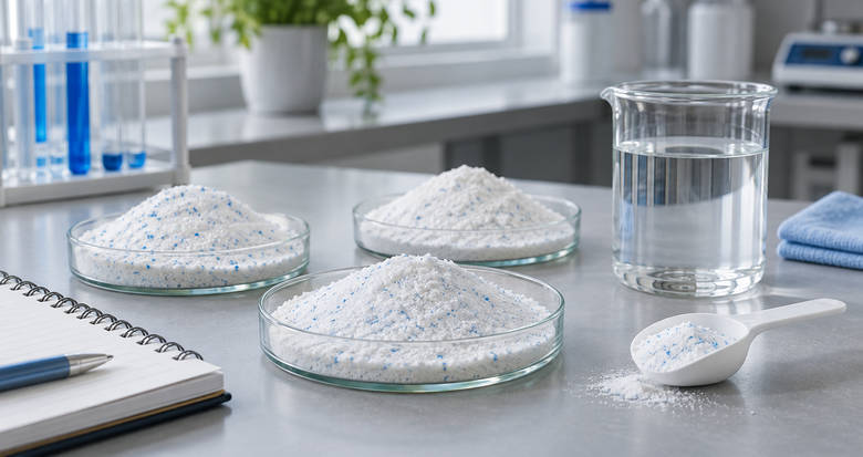 Generic washing powder blend samples and a beaker prepared for a CMC qualification plan