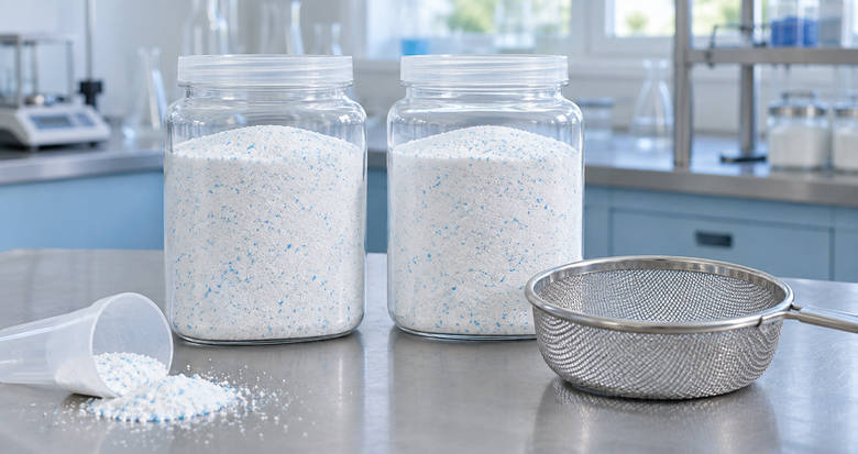 Two generic washing powder blend samples beside a sieve for dry-blend and segregation planning