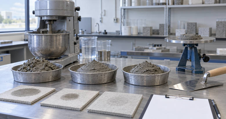 Controlled cement mortar CMC qualification trial with matched samples, mixing and flow-test equipment