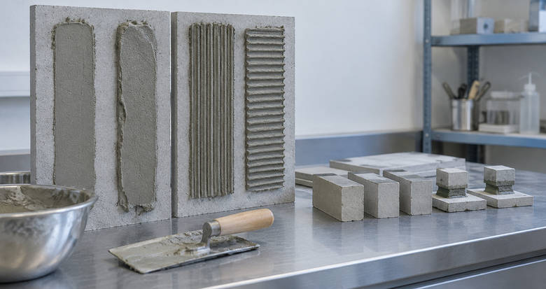 Cement mortar panels and cured specimens prepared for sag, trowel-ridge, bond and strength checks