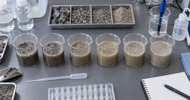 Controlled mining flotation CMC test matrix with matched ore slurry samples and water chemistry checks
