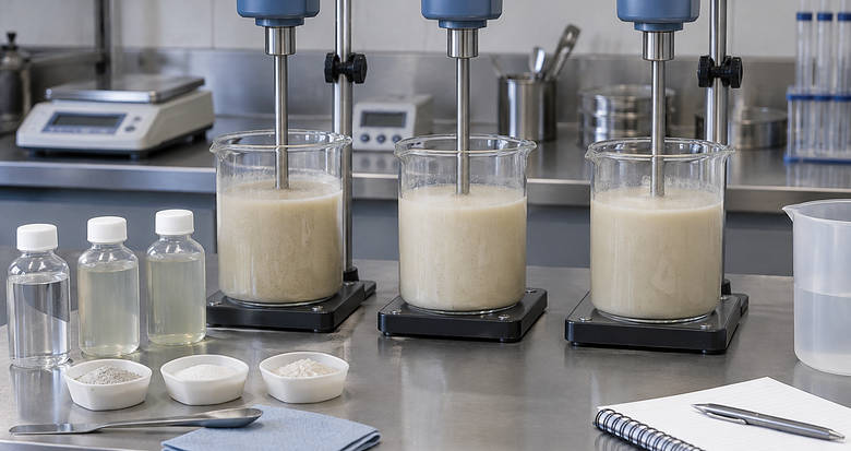 Generic drilling-fluid laboratory with three matched CMC test fluids prepared for a salinity matrix