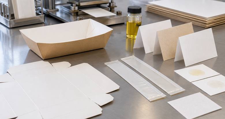 Unbranded paperboard trays, folds and seal strips prepared for converting and barrier checks