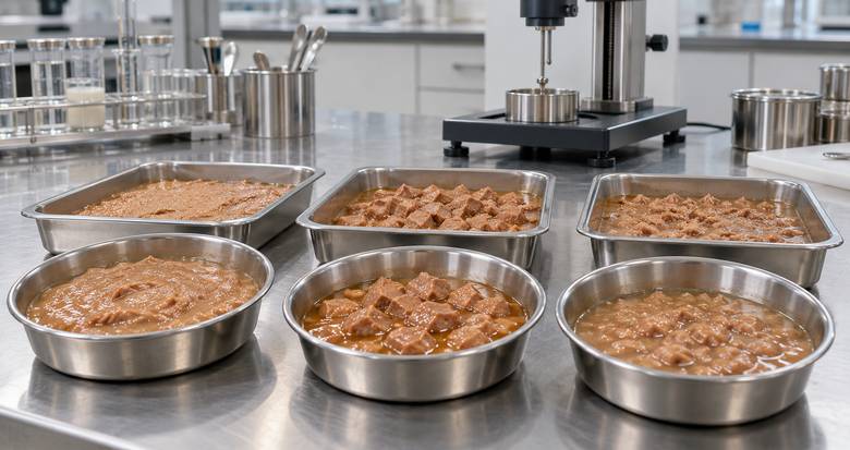 Wet pet food samples prepared for a controlled CMC formulation and process trial