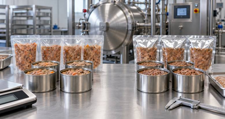 Unlabeled wet pet food cans and pouches arranged for controlled filling and post-process comparison