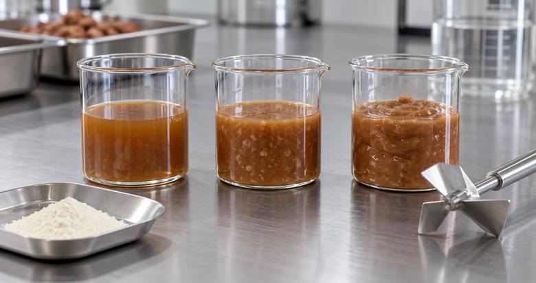 Three wet pet food gravy samples prepared for controlled CMC hydration and flow screening
